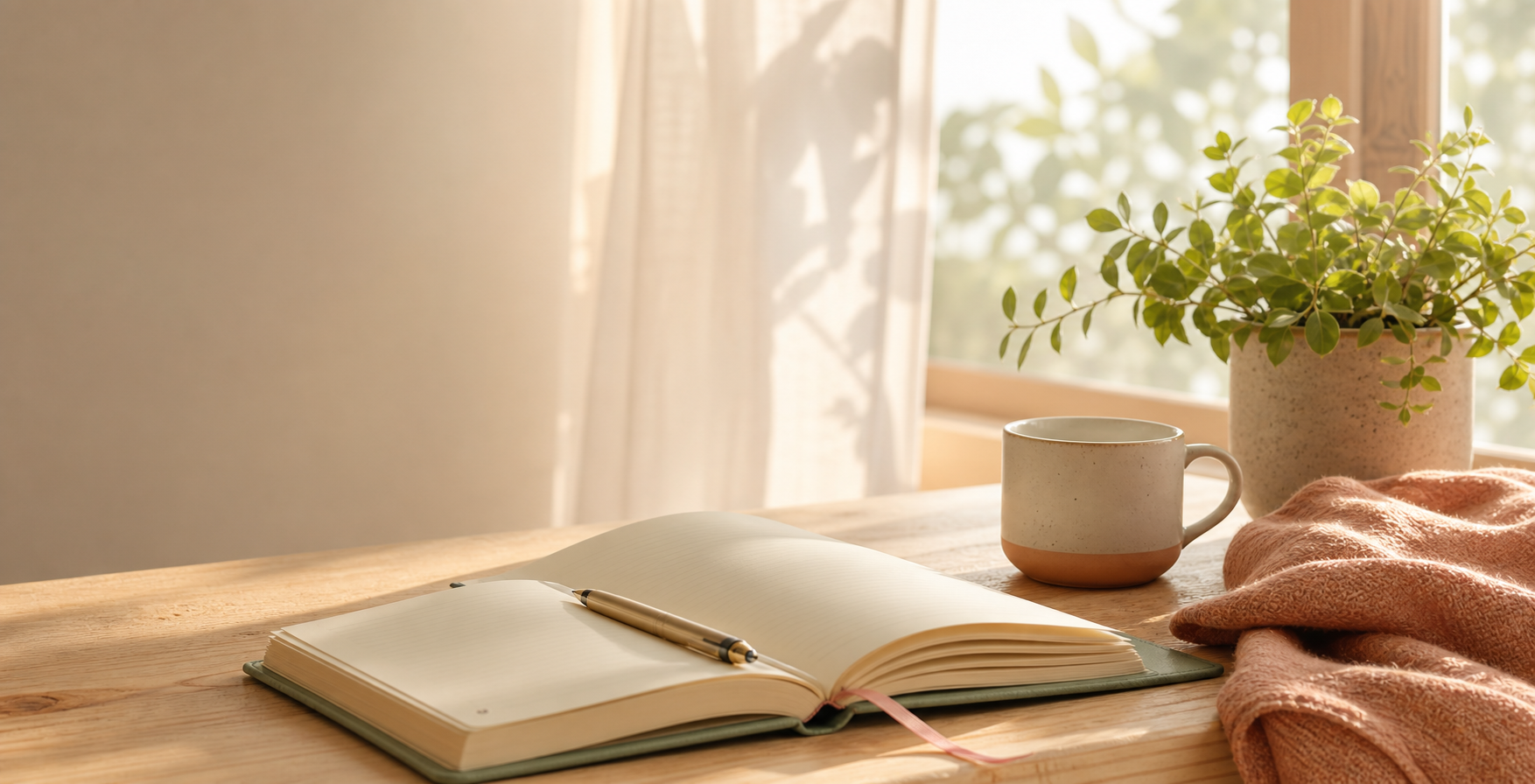 Sunlit notebook beside a cup and plant